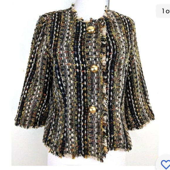 CAbi Paris tweed blouce blazer Boucle Brown Tweed Fringed Gold Buttons Women's - Picture 12 of 12